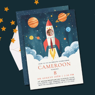 Invitation Photo de fusée d'astronaute galaxie espace bleu ro