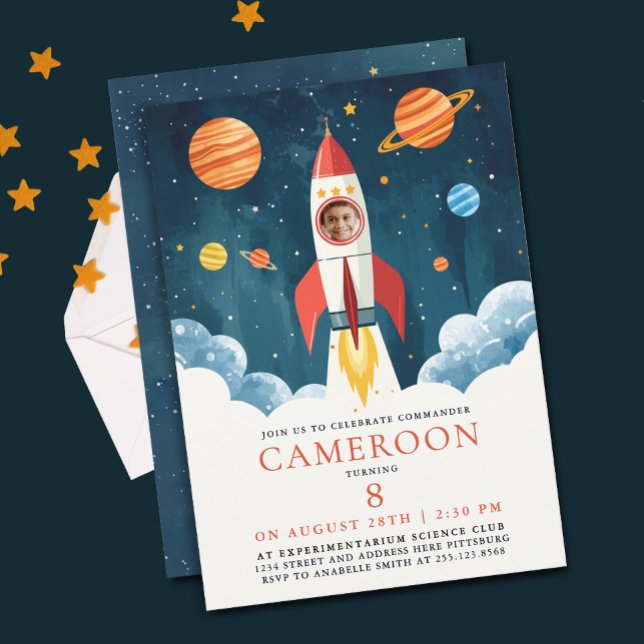Invitation Photo de fusée d'astronaute galaxie espace bleu ro (Créateur téléchargé)