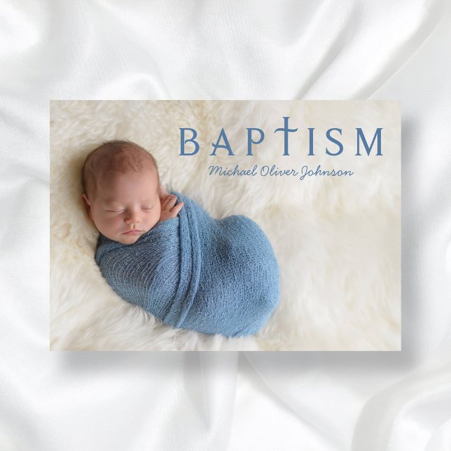 Invitation Photo de garçon bleu moderne Baptême (1 Photo Elegant Religious Blue Boy Baptism Invitation)