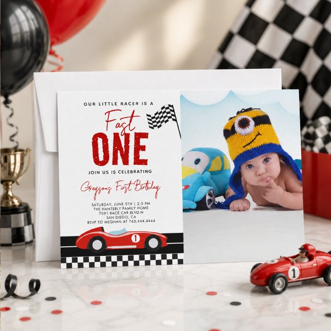 Invitation Photo de garçon de voiture de course Fast One pour (Fast One Race Car Boy Photo 1st Birthday Party Invitation
)