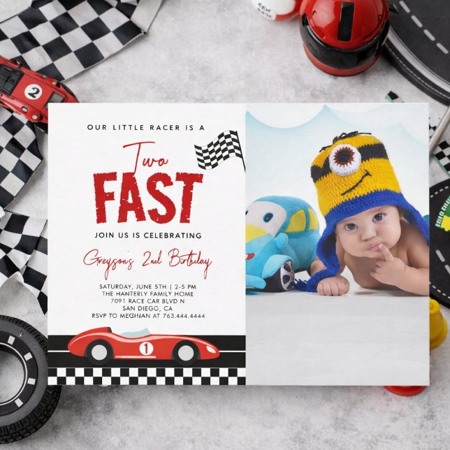 Invitation Photo de garçon de voiture de course rapide deux p (Two Fast Race Car Boy Photo 2nd Birthday Party Invitation
)