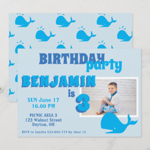 Invitation Photo de garçons de baleine bleue pour fête d'anni