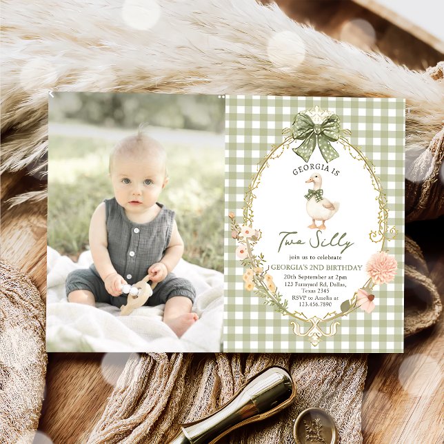 Invitation Photo de Gingham Two Silly Goose pour le 2e annive (Créateur téléchargé)