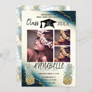 Invitation Photo de graduation de l'ananas Gold Sparkle Blue
