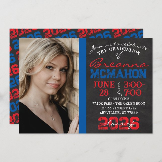 Invitation Photo de graduation du tableau rouge et bleu (Repeating Class Year 1 & 2 Photo Graduation Invitations)