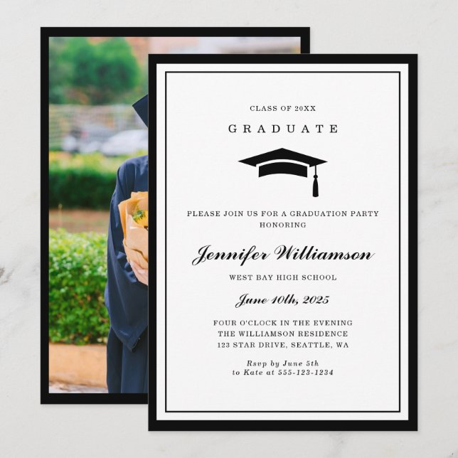 Invitation Photo de graduation en noir et blanc classique (Devant / Derrière)
