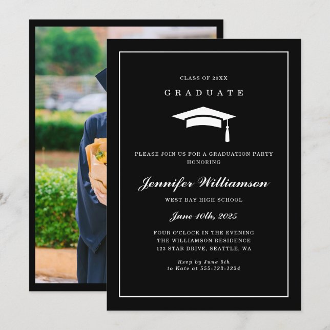 Invitation Photo de graduation en noir et blanc classique (Devant / Derrière)