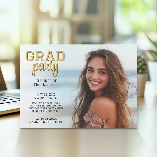 Invitation Photo de graduation - Grad Party Script Gold (Graduation Party Invitation with Photo)
