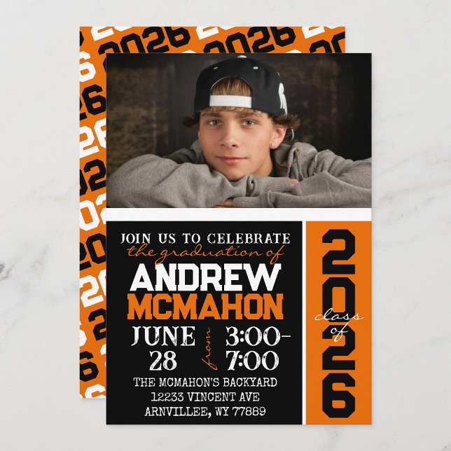 Invitation Photo de Graduation Moderne Black & Orange (Trendy Black and Orange 1 Photo Graduation Invitation. Printed + Envelopes or Digital Download)