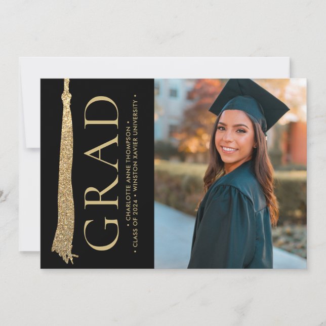 Invitation Photo de Graduation moderne Gold Black Grad Tassel (Devant)