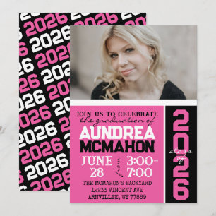 Invitation Photo de graduation moderne rose chaud et noir