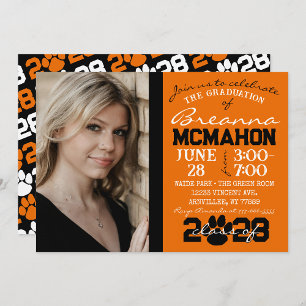 Invitation Photo de graduation Orange & Black Pawprint