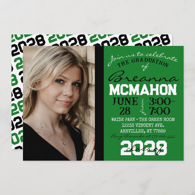Invitation photo de graduation verte, noire et bla (Repeating Class Year 1 & 2 Photo Graduation Invitations & Announcements)