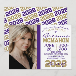 Invitation photo de graduation violet, or et blanc