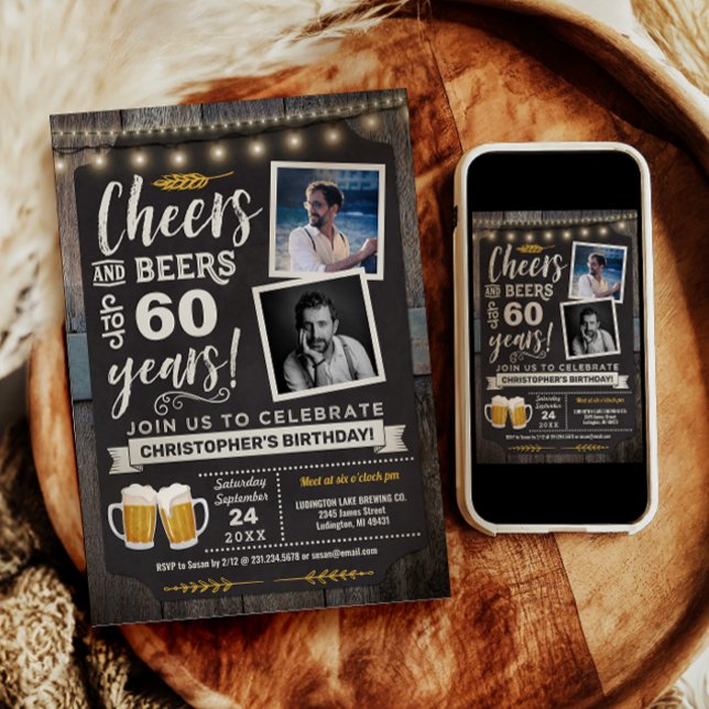 Invitation Photo de Joie et de Bière pour les 60 a (Photo Cheers and Beers 60th Birthday Invitation)