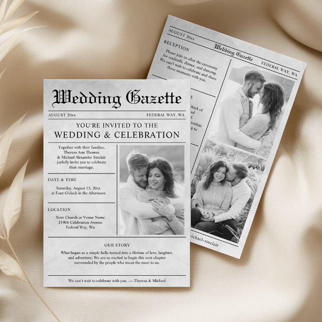 Invitation Photo de journal Élégant ensemble de mariage tout  (Newspaper Photo Elegant All In One Wedding Invitation)