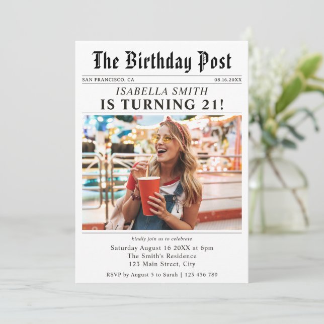 Invitation Photo de journal pour 21e anniversaire (Debout devant)
