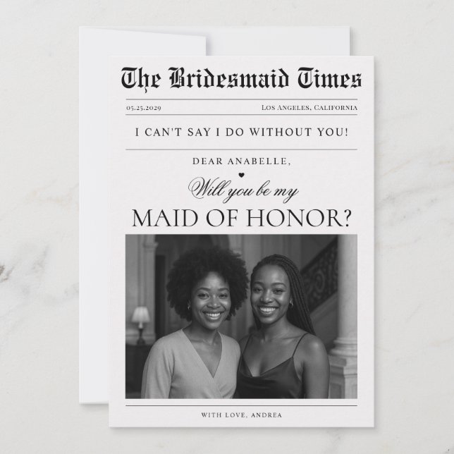 Invitation Photo de journal unique femme d'honneur propositio (Devant)