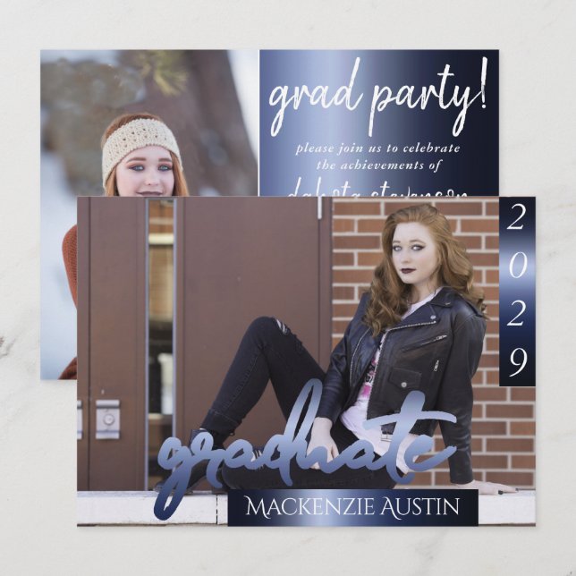 Invitation Photo de la 2e année | Marine Script Dark Blue Kee (Devant / Derrière)