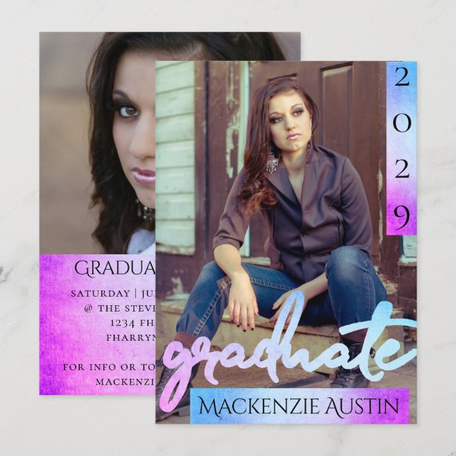 Invitation Photo de la 2e année | Script Mermaid Ombre Keepsa (Devant / Derrière)