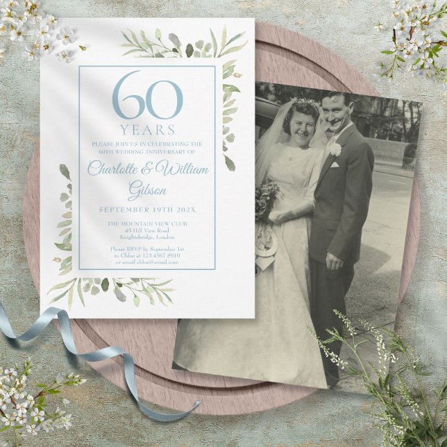 Invitation Photo de la 60e anniversaire de mariage diamantée  (60th Diamond Wedding Anniversary Photo Greenery Invitation)