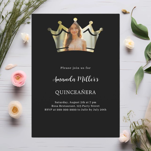 Invitation Photo de la couronne noire Quinceanera (Créateur téléchargé)