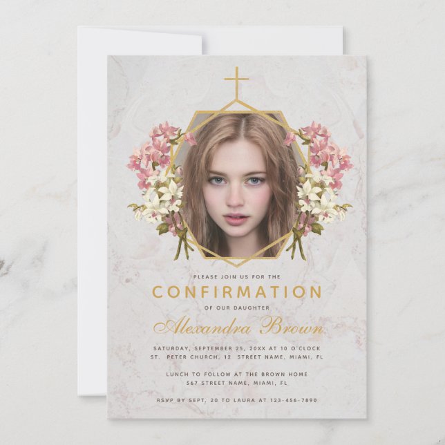 Invitation Photo de la demoiselle de confirmation avec des or (Devant)