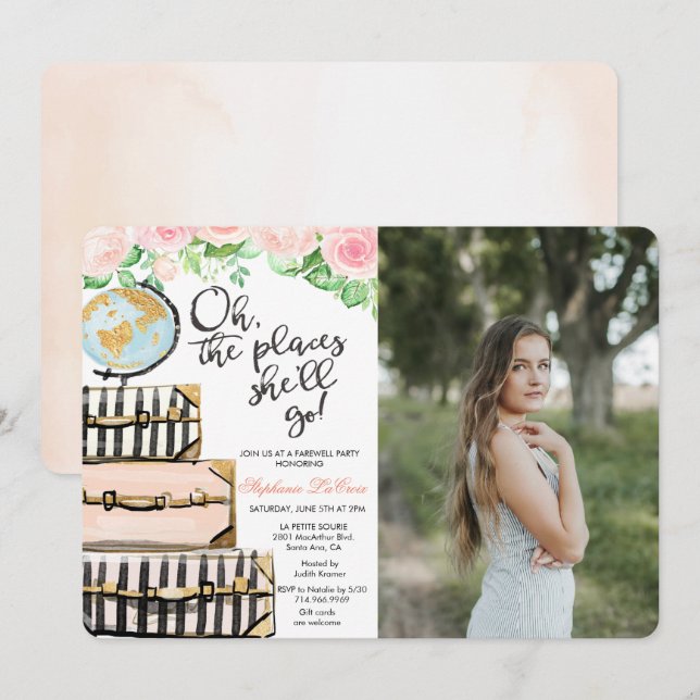Invitation photo de la fête d'adieu à thème Voyage (Devant / Derrière)