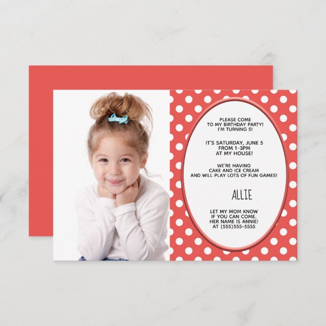 Invitation photo de la fête d'anniversaire de la P (Devant / Derrière)