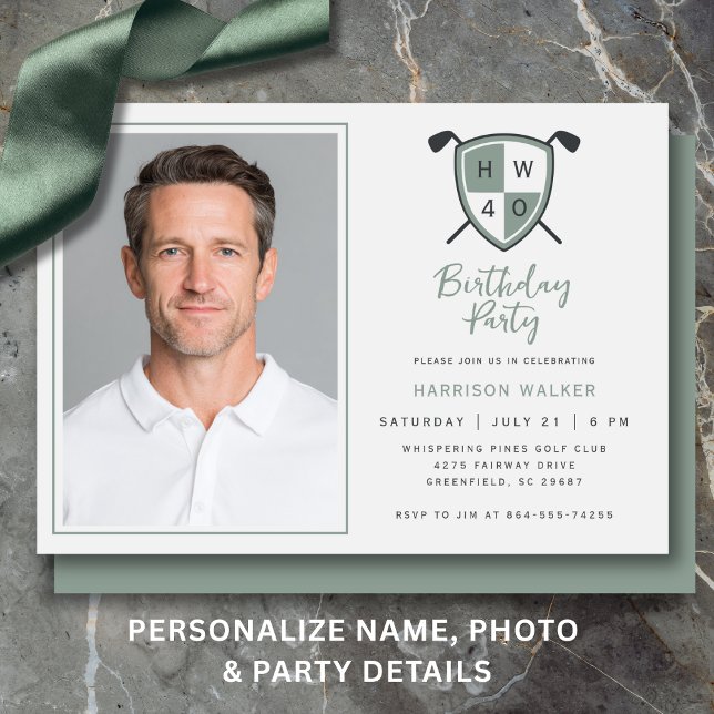 Invitation Photo de la fête d'anniversaire des 40 ans de Golf (Golf crest design gives the invite a polished clubhouse feel.)