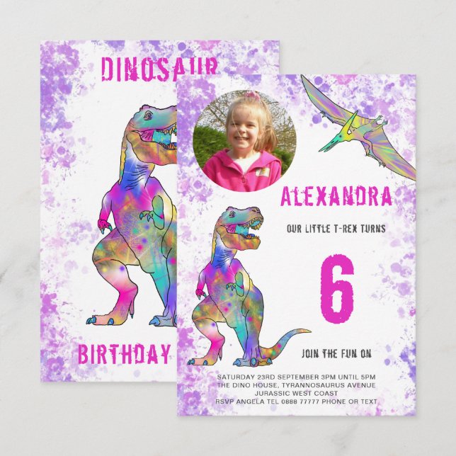 Invitation Photo de la fête d'anniversaire des Filles Dinosau (Devant / Derrière)