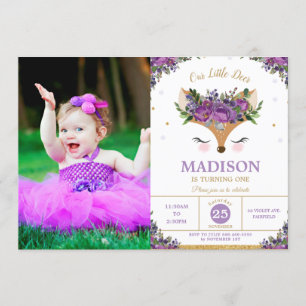 Invitation Photo de la fête d'anniversaire du Deer Purple Flo