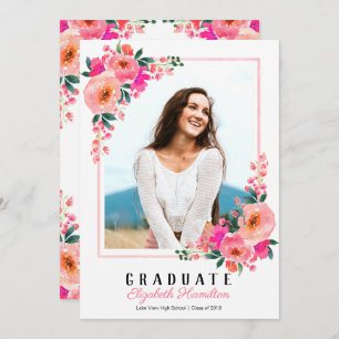 Invitation Photo de la fête de graduation du cadre floral ros
