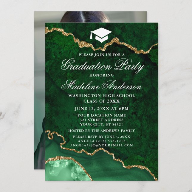 Invitation Photo de la fête de graduation en marbre vert aqua (Devant / Derrière)