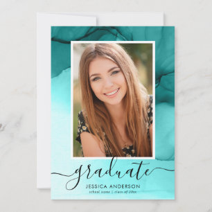 Invitation Photo de la fête de graduation Turquoise Blue Ink