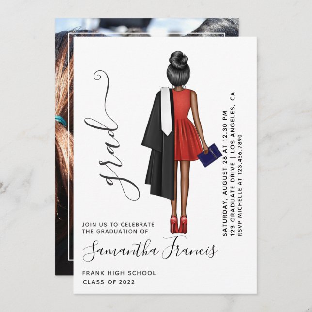 Invitation Photo de la Fête de la Diplôme Rouge, Noir et Blan (Devant / Derrière)