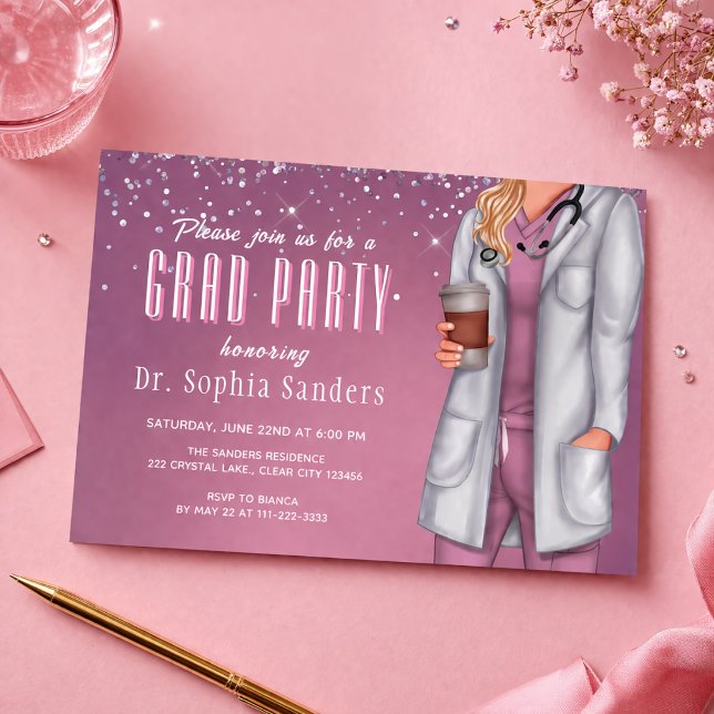 Invitation Photo de la Fête de Remise de Diplômes  (Modern doctor graduation party invite pink elegant layout)