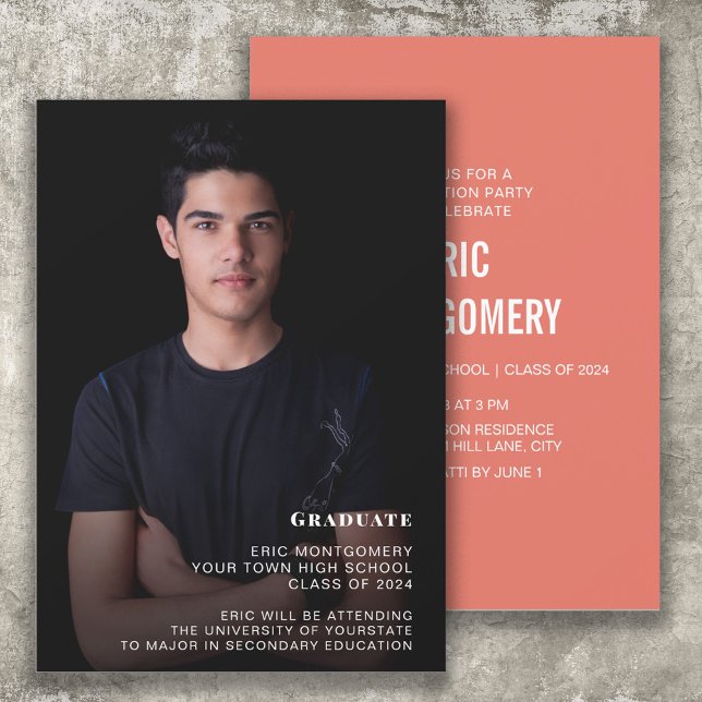 Invitation Photo de la fête de remise des diplômes pour les g (Orange and white graduation photo announcement/invitation for the class of 2024 or any year.)