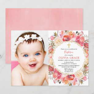 Invitation Photo de la fille Baptême rose rousse de corail