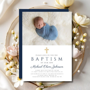 Invitation Photo de la marine Blue Religion Cross Boy Baptism