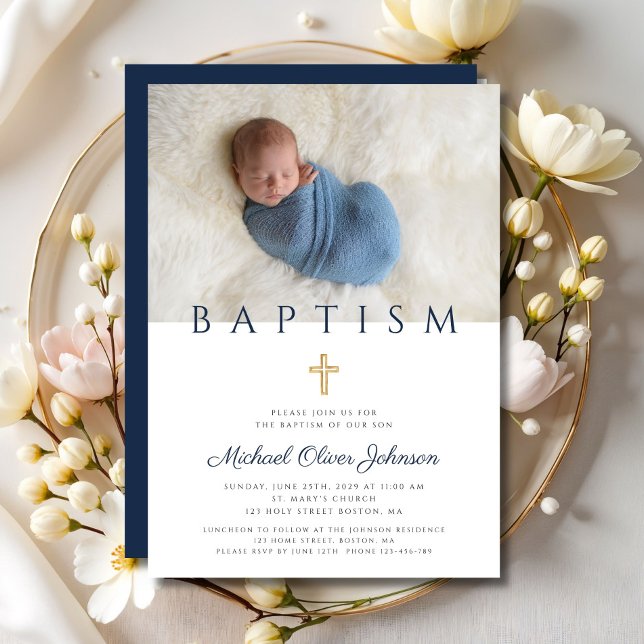 Invitation Photo de la marine Blue Religion Cross Boy Baptism (Navy Blue Religious Cross Boy Baptism Photo Invitation)