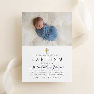 Invitation Photo de la marine Blue Religion Cross Boy Baptism