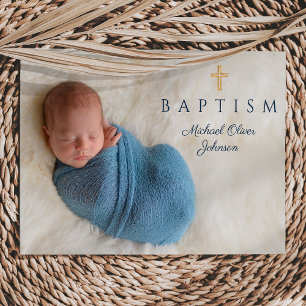 Invitation Photo de la marine Blue Religion Cross Boy Baptism