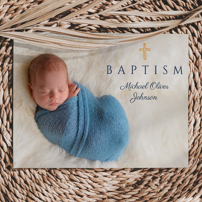 Invitation Photo de la marine Blue Religion Cross Boy Baptism (Navy Blue Religious Cross Boy Baptism Photo Invitation)