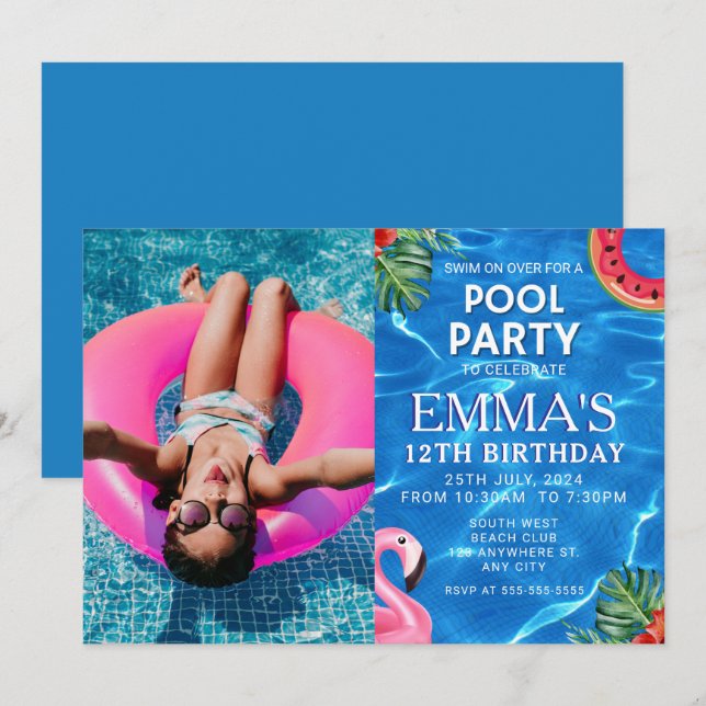 Invitation Photo de la piscine fête d'anniversaire (Devant / Derrière)