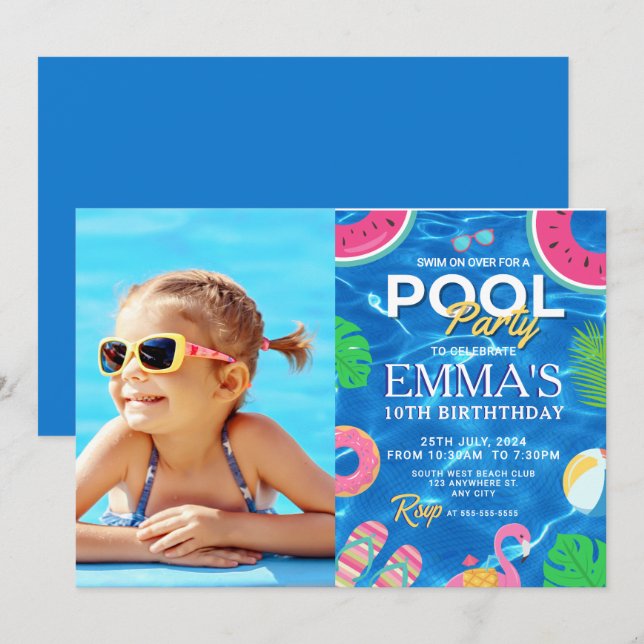 Invitation Photo de la piscine fête d'anniversaire (Devant / Derrière)