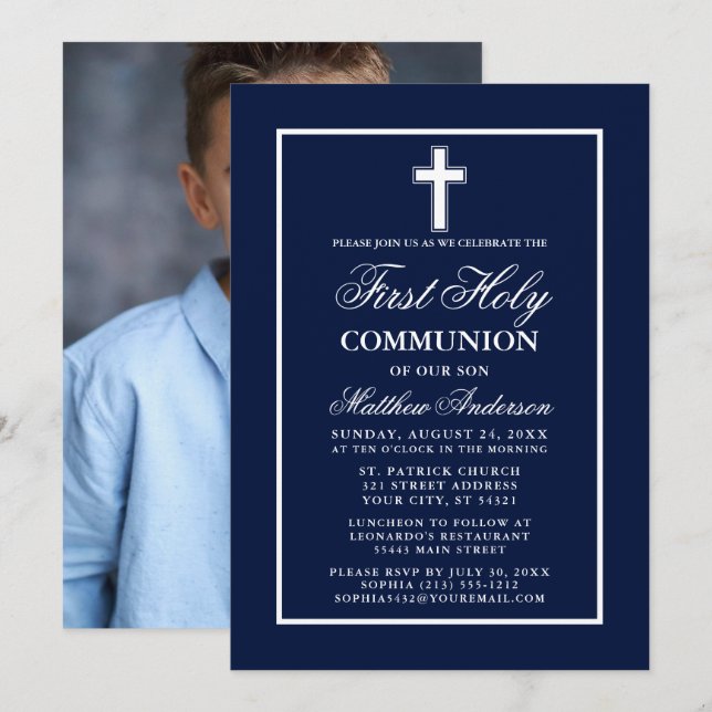 Invitation Photo de la Première communion Bleue de la Marine (Devant / Derrière)