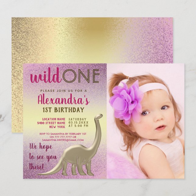 Invitation Photo de la Sauvageonne pour 1er Anniversaire Rose (Devant / Derrière)