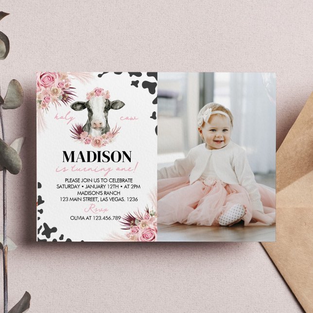 Invitation photo de la vache d'abord anniversaire (Créateur téléchargé)