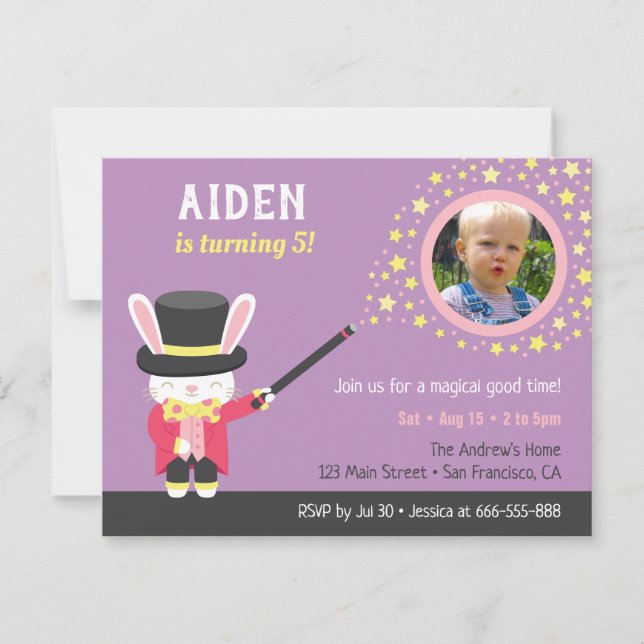 Invitation Photo de lapin magicien mignon pour fête d'anniver (Devant)